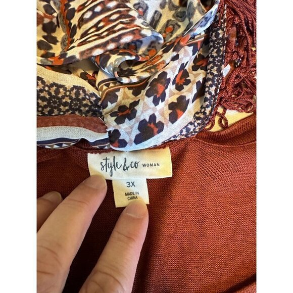 Style & Co Womens Plus Size 3X Rust Tunic Top Removable Fringe Scarf Stretch NEW - Picture 7 of 11